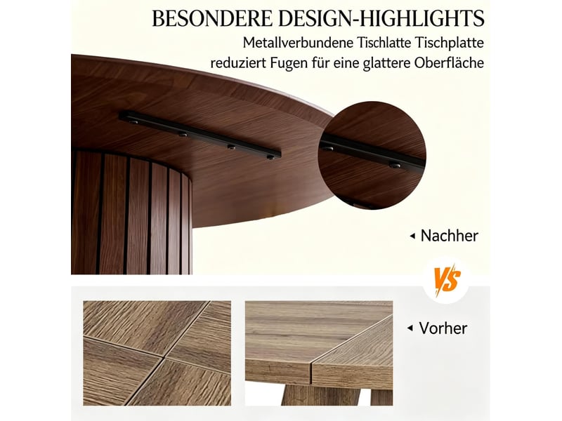  Table de salle à manger ronde pour 6 personnes avec pied cylindrique strié, en bois marron foncé, diamètre 120 cm  - Conforama B