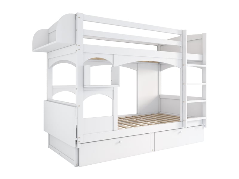 Lit superposé enfant multifonction 90x200 cm bois massif blanc avec bureau rabattable et tiroirs - Conforama W