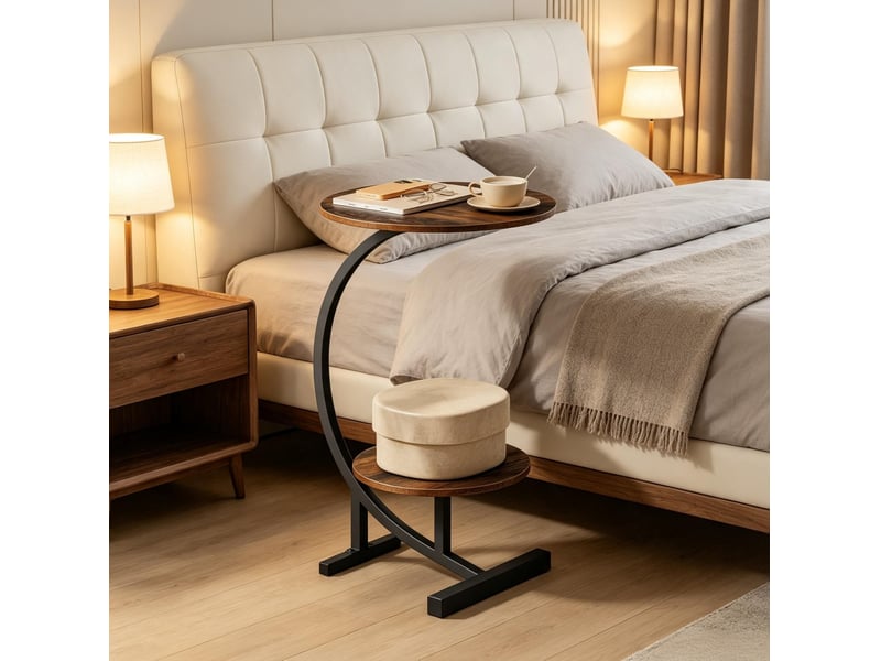  Table d'appoint ronde à 2 plateaux 4030 cm, hauteur 66 cm, en mdf et métal, style industriel près du canapé  - Conforama B