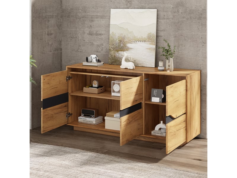  Buffet 140 × 40 × 70 cm, avec 3 portes et 5 étagères réglables, organisation modulaire pour salon, chêne, au design moderne, coloris naturel CARDUME ESTIVAL - Conforama B