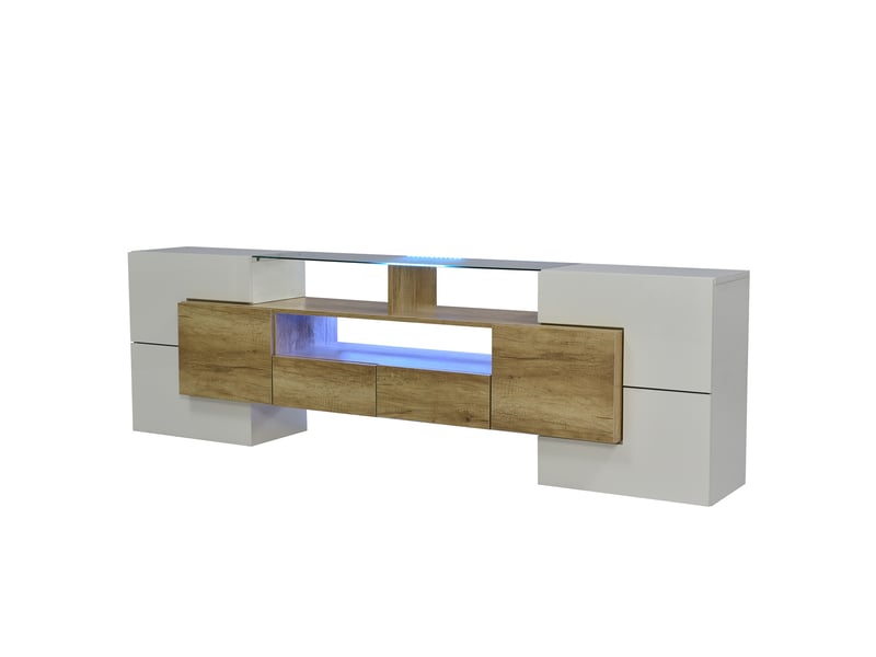  Meuble tv 200 cm – blanc laqué, led app, 6 portes + 2 tiroirs  - Conforama A