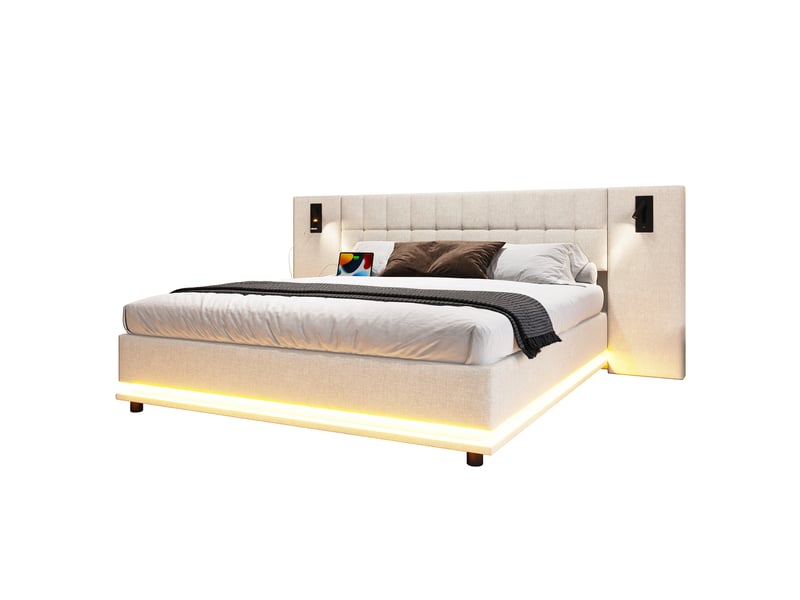  Lit 2 places rembourré 180x200 cm led usb en lin beige  - Conforama A