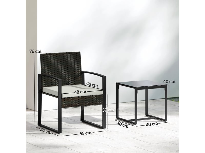  Ensemble table et chaise de jardin avec 2 fauteuils, 1 table basse et coussins, résine tressée et acier, crème gris  - Conforama D