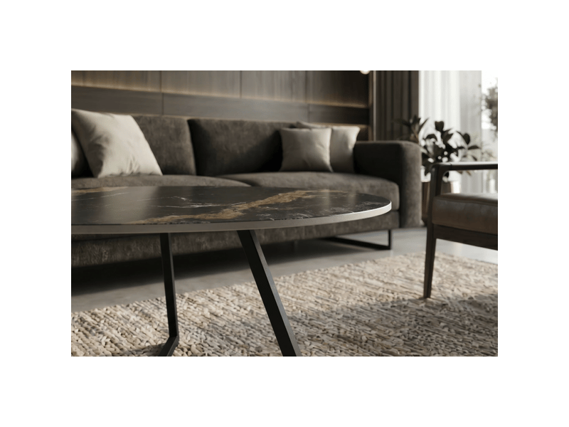 Table basse petrano 70 cm en céramique noire effet marbre sable et métal noir – forme organique - Conforama D