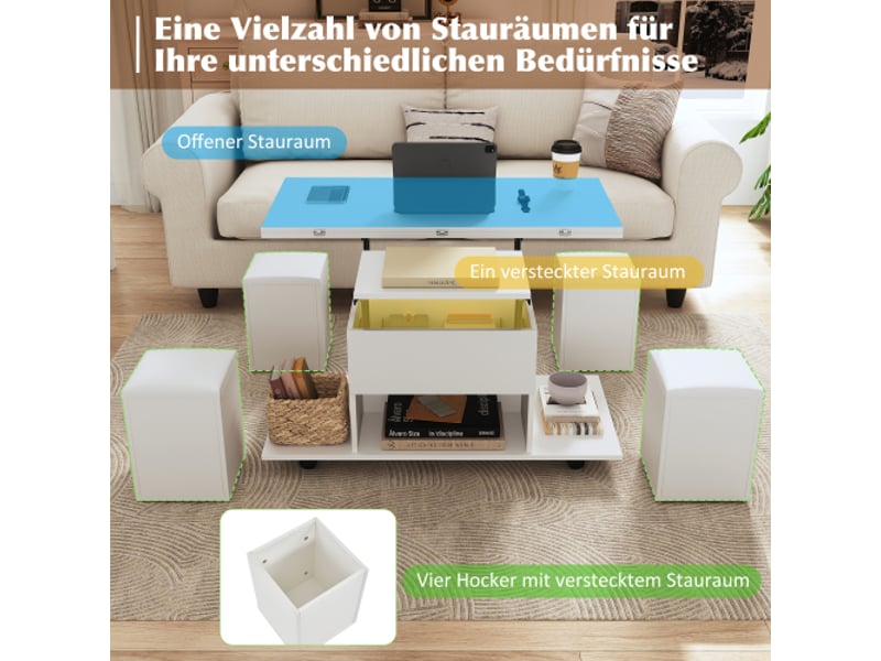  Table basse moderne 100x50x48cm, multifonctionnelle avec roulettes, plateau réglable, comprend 4 tabourets de rangement, blanc  - Conforama E