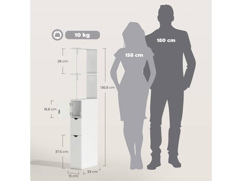  Meuble colonne salle de bain armoire de salle de bain avec tiroirs étagères ouvertes placard blanc 15 x 33 x 136,8 cm  - Conforama C