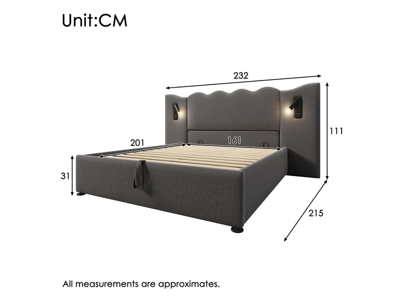  Lit coffre 160×200cm, lit double, rangement, lampe pivotante à 360°, tête de lit, métal, bois, lin, gris, matelas inclus  - Conforama C