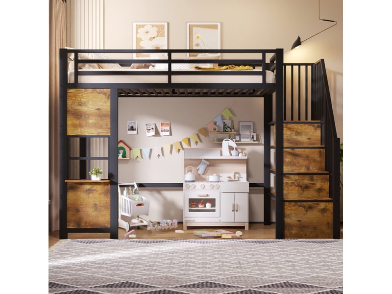  Lit mezzanine enfant 90 × 200 cm avec escalier de rangement, garde-corps, étagères latérales et espace ouvert, noir  - Conforama D