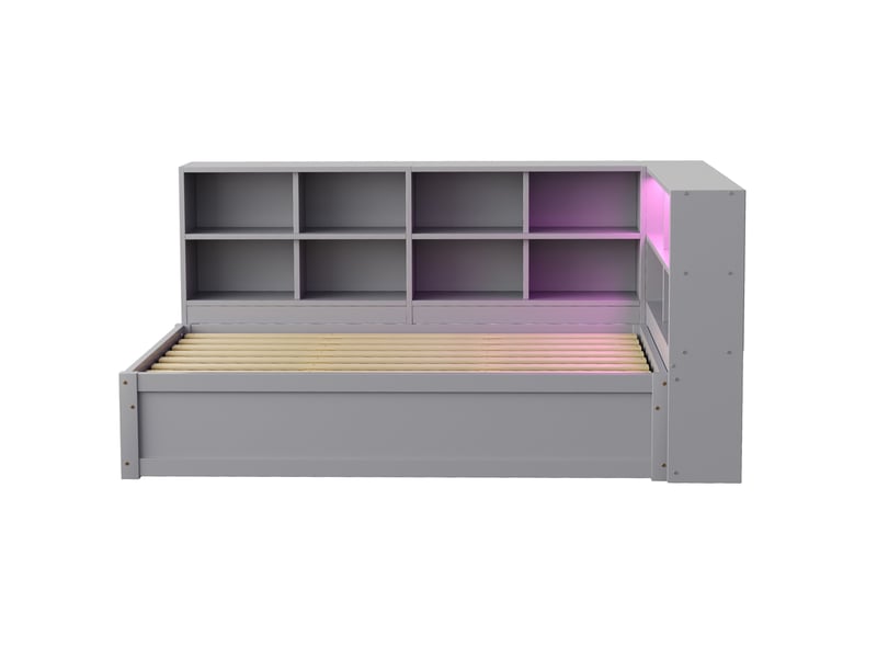 Lit banquette 90x200 cm – gris – rangement hydraulique, led pilotables et prise multifonction – sans matelas - Conforama D