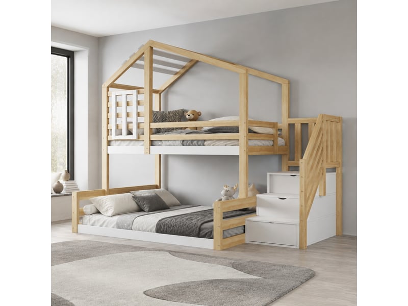 Lit superposé enfant 90x200 et 140x200 cm avec escalier de rangement naturel - Conforama B