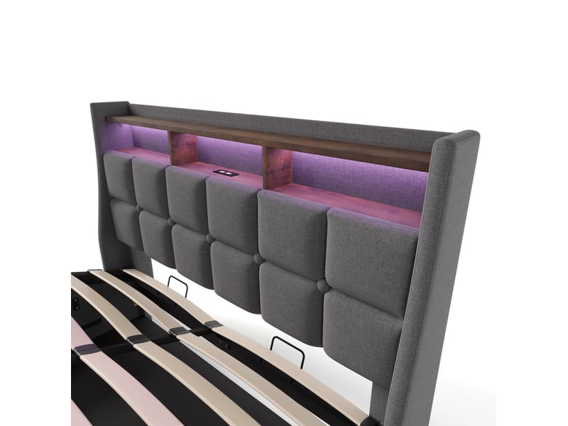  Lit adulte 160x200 cm gris en lin avec led, usb et rangement, style vintage pour chambre  - Conforama E