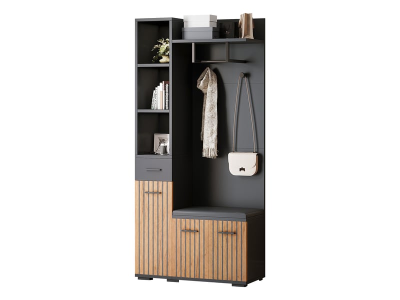  Portemanteau avec banc et rangement 80 x 175 cm en panneau de particules noir et bois  - Conforama R