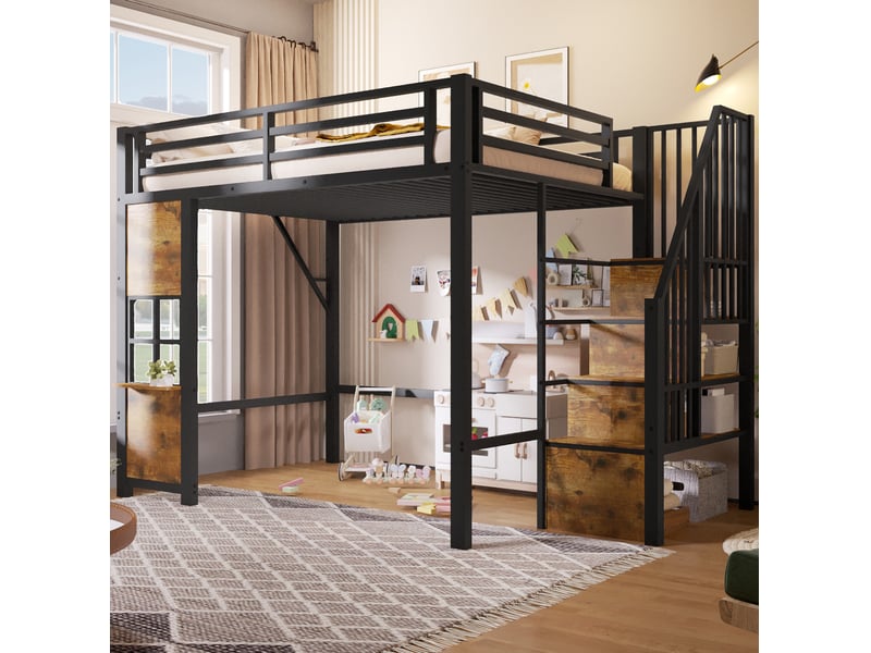  Lit mezzanine 140 × 200 cm avec échelle à rangements, espace ouvert, barrières de sécurité, chambre d’enfant noir  - Conforama D