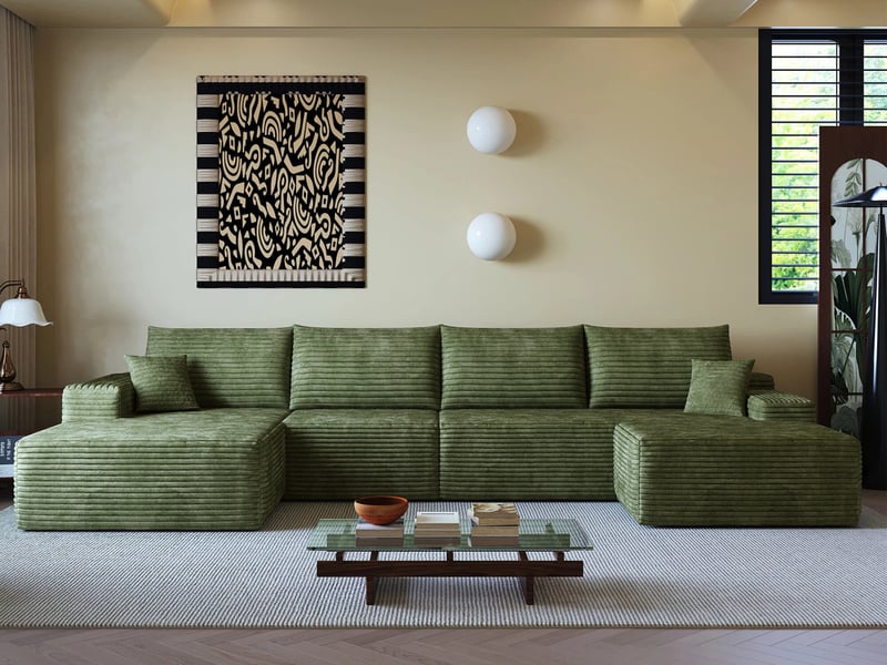 Canapé d'angle modulaire ,5 places, avec méridienne en l, assise profonde ,340 × 175 ×83cm, vert - Conforama B