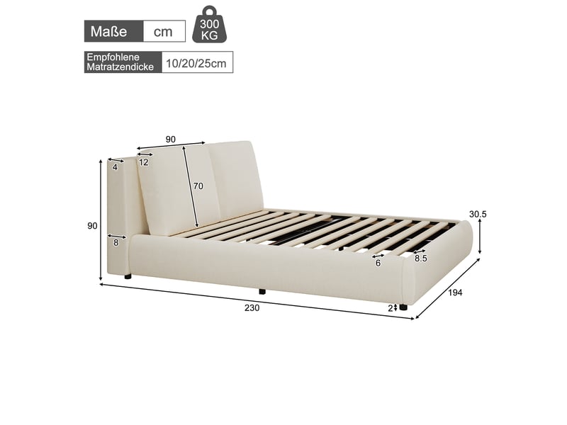  Lit double 180 × 200 cm, bouclé, sommier à lattes, tête de lit rembourrée amovible, structure basse sur pieds, beige  - Conforama C