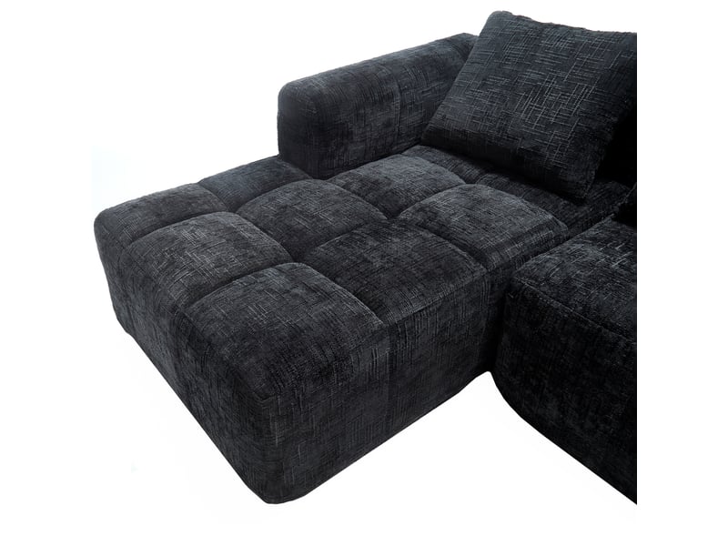  Canapé d'angle 3 places en chenille noir avec méridienne, accoudoirs et 3 coussins inclus  - Conforama R