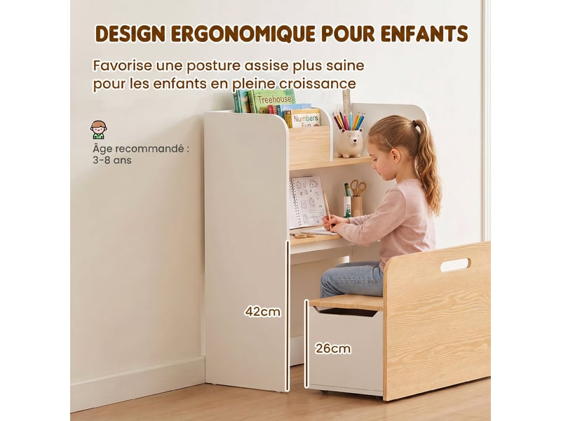  Bureau et chaise pour enfant 5 en 1 avec bibliothèque et banc coffre à roulettes, blanc, pour 3 à 8 ans  - Conforama R