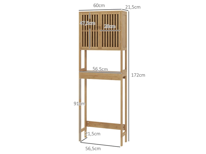  Étagère de toilettes meuble de salle de bain dessus toilette wc avec placard 2 portes et étagère ouverte bambou  - Conforama E