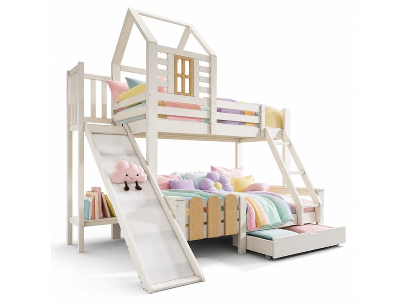  Lit maison superposé, 90x200 cm et 140x200 cm, avec tiroir, matelas non inclus, bois et mdf et métal, coloris blanc  - Conforama A