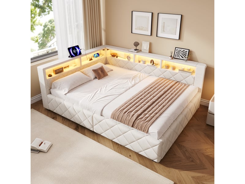  Canapé-lit coffre 140 x 200 cm - avec bande lumineuse led - avec port usb - beige (matelas non inclus)  - Conforama B