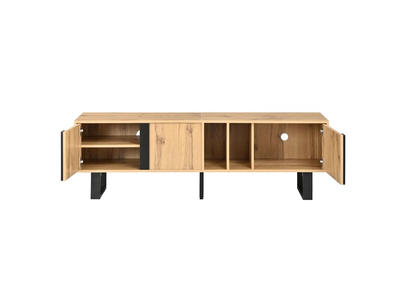  Meuble tv moderne, 3 portes, niches ouvertes, pieds métal noir, passe-câbles  - Conforama D