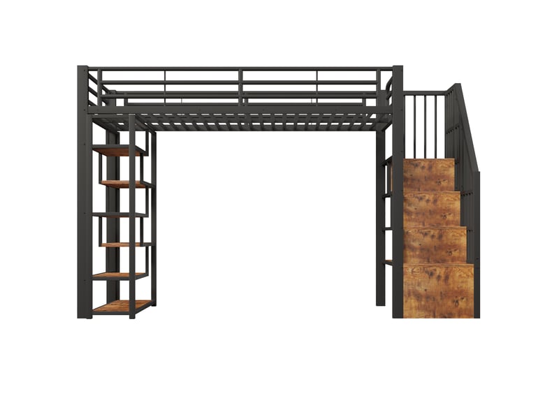 Lit mezzanine, 90 × 200 cm, noir, métal, led, étagères, barrières, marches, échelle, espace ouvert dessous, sans matelas - Conforama A