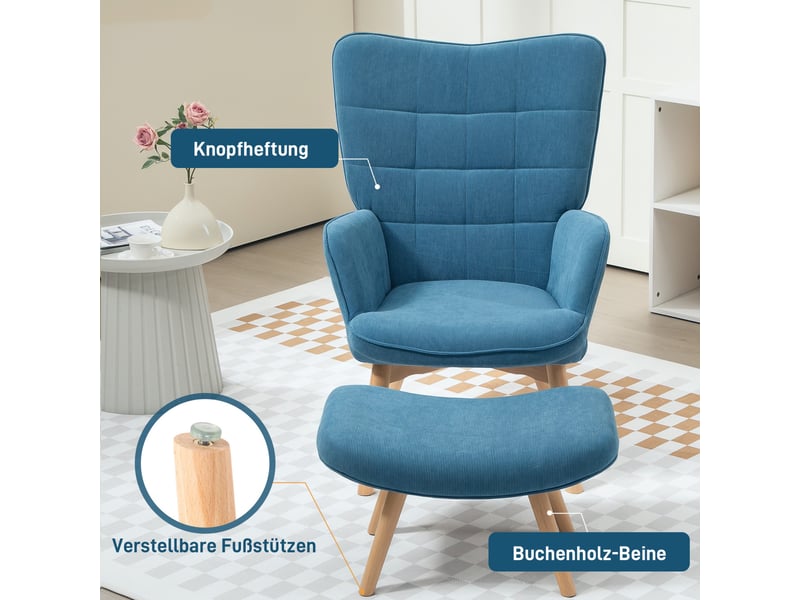  Fauteuil à oreilles avec repose-pieds 72x80x101cm – haut capitonnée et pieds en bois –  velours côtelé - bleu  - Conforama D