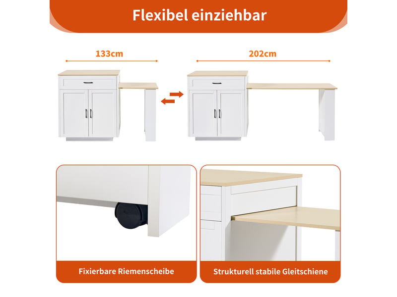  Table de bar extensible avec rangement (133-202×70×93,5 cm), avec 2 tiroirs et 2 compartiments, îlot de cuisine extensible pour 2 à 6 personnes, desserte de cuisine avec étagères latérales, blanche  - Conforama D
