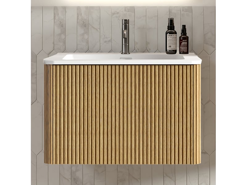 Meuble sous vasque suspendu avec vasque et tiroirs sans poignées, décor chêne pour petite salle de bain, 73,5 × 55 × 47 cm - Conforama C