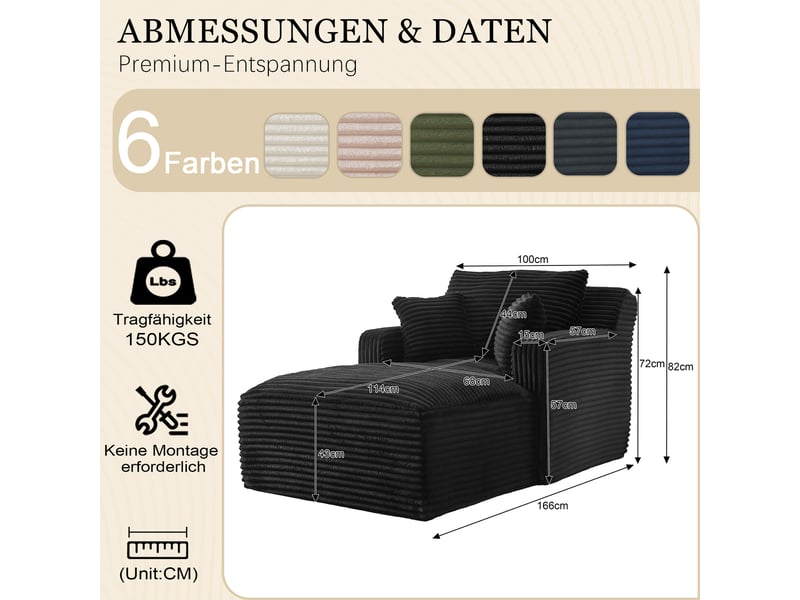 Méridienne noir en velours côtelé - canapé lounge confortable sans montage pour salon moderne - Conforama C