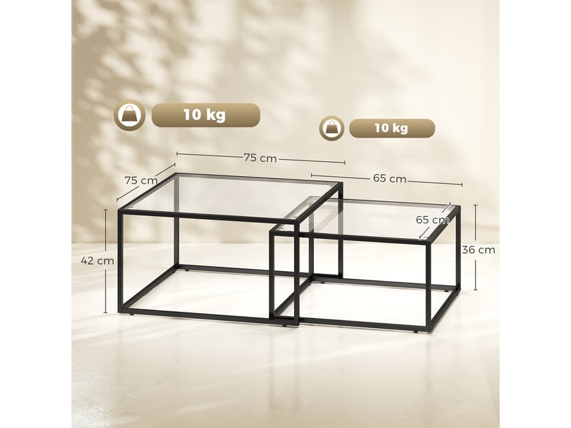  Lot de 2 tables basses gigognes en verre trempé et métal noir, 75 x 75 x 42 cm  - Conforama C