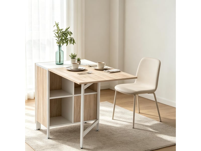 Table de cuisine pliable avec 4 niches en mdf et acier 170×60×75 cm blanc et chêne clair - Conforama B