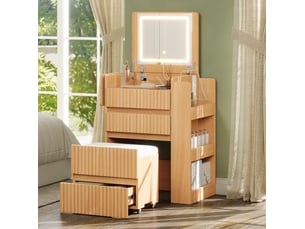 Coiffeuse led avec miroir rabattable 79x40x120 cm – naturel – 3 tiroirs, tabouret à roulettes et plateau latéral