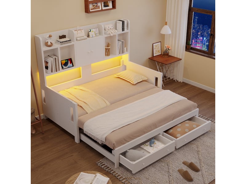 Lit combiné 90x190 cm convertible multifonction bois avec tiroirs etageres armoires compartiments prises led lit invite blanc - Conforama E