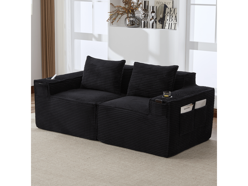 Canapé modulaire 2 places avec porte-gobelets et poches latérales - lpospi - soutien ergonomique, velours côtelé noir - Conforama C