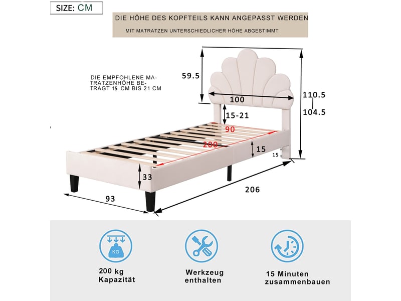 Lit 90x200cm - lit simple 90x200 - tête de lit en forme de fleur coquillage, rembourré en velours - style moderne - beige - Conforama E