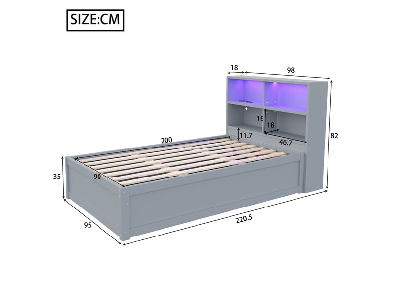  Lit multifonction 90x200 cm, bois, prises, rangements et bande éclairage led, gris, sans matelas  - Conforama C