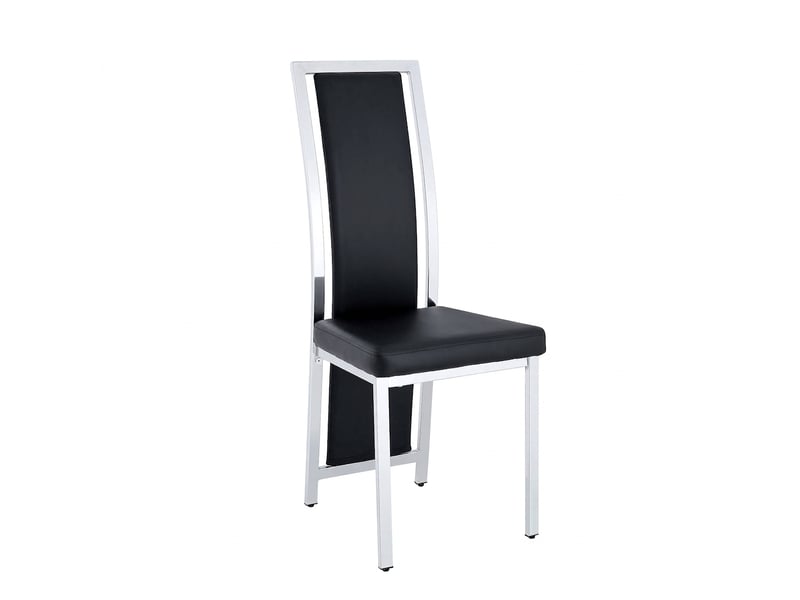  Lot de 4 chaises de salle à manger en cuir pu noir avec cadre métallique argenté, dossier haut 109 cm  - Conforama A