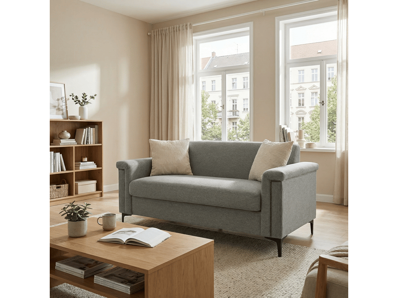  Canapé droit 2 places avec accoudoirs larges et clous décoratifs  - pieds en métal, tissu effet lin - gris clair  - Conforama C
