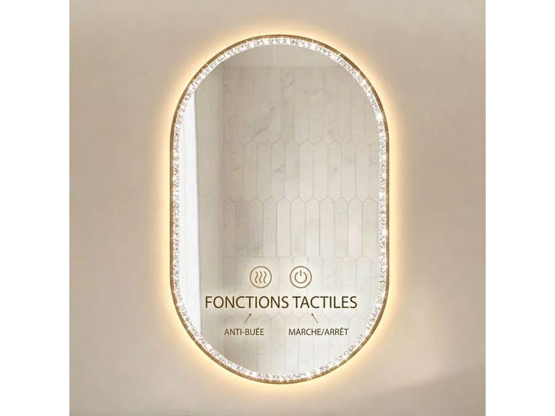  Miroir de salle de bain ovale led 50x80 cm, anti-buée, avec cadre doré brossé  - Conforama B