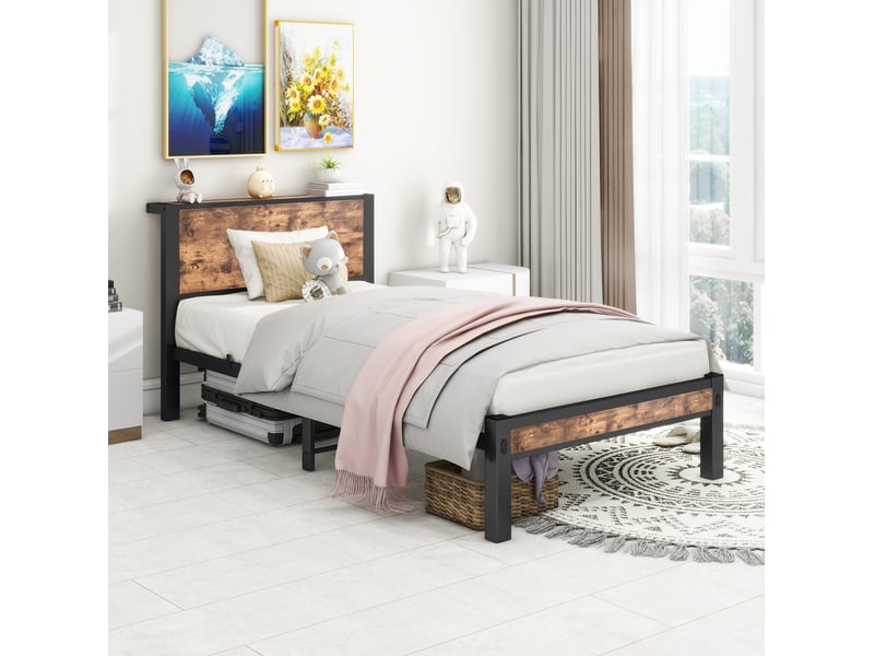  Lit simple 90x200 cm, lit jeune, finition noir+marron, métal et mdf, rangement sous lit 27 cm  - Conforama B