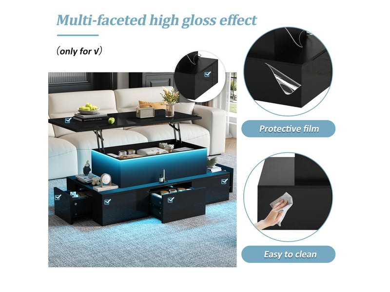  Table basse relevable 100x50x40 cm avec 4 tiroirs, éclairage led, rangement dissimulé, pour salon, moderne, mdf, noir  - Conforama D