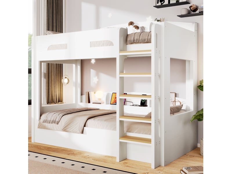  Lit superposé 2 couchages 90x200 cm, prise usb, rangements intégrés, bois et mdf, blanc sans matelas  - Conforama B