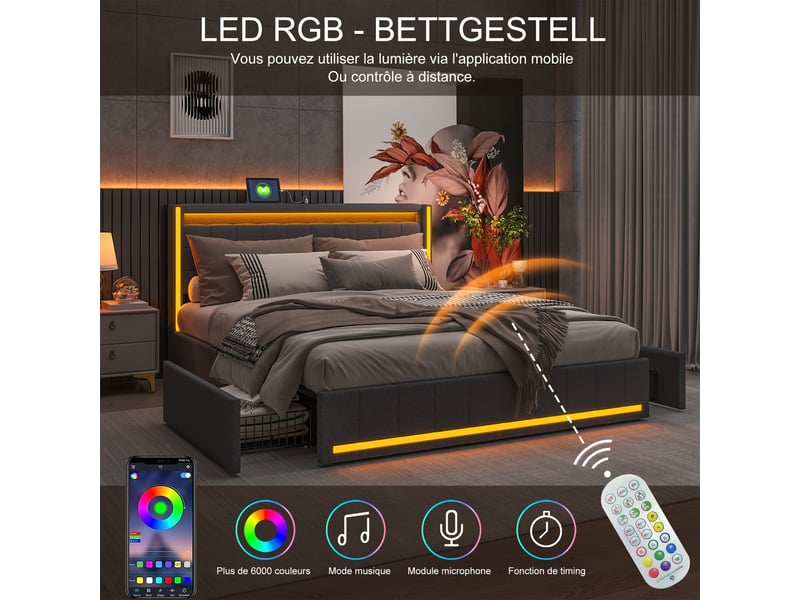  Cadre de lit avec rangement, 160 x 200 cm, doté de 4 tiroirs, lit double rembourré en lin gris foncé au design moderne, avec éclairage led et port usb (matelas non inclus) 231115TT0502#ADHW5FtYnjFRHF - Conforama D