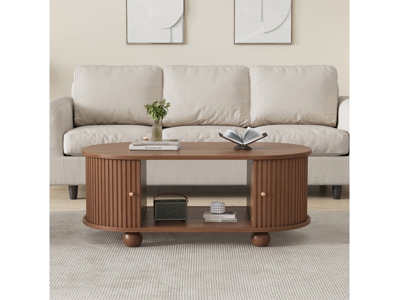  Table basse ovale 100x50x40 cm en mdf coloris noyer avec rangement coulissant  - Conforama E