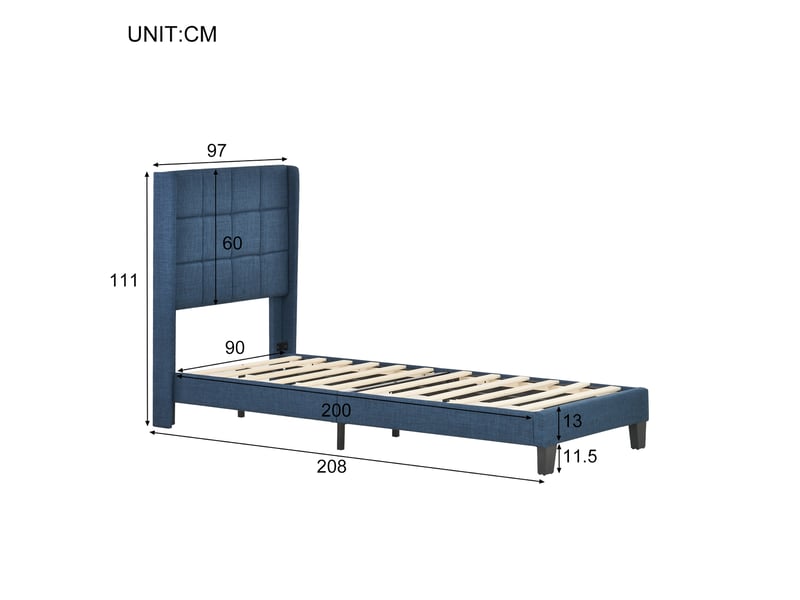  Modenvie lit 1 place capitonné 90x200 cm - tête de lit rembourrée, sommier et matelas inclus - bleu  - Conforama C