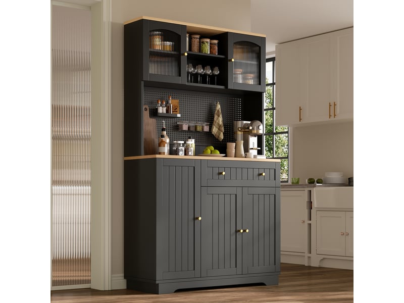 Meuble de cuisine noir muvano avec panneau perforé, vaisselier à portes transparentes, 103,5 x 40 x 180 cm - Conforama D
