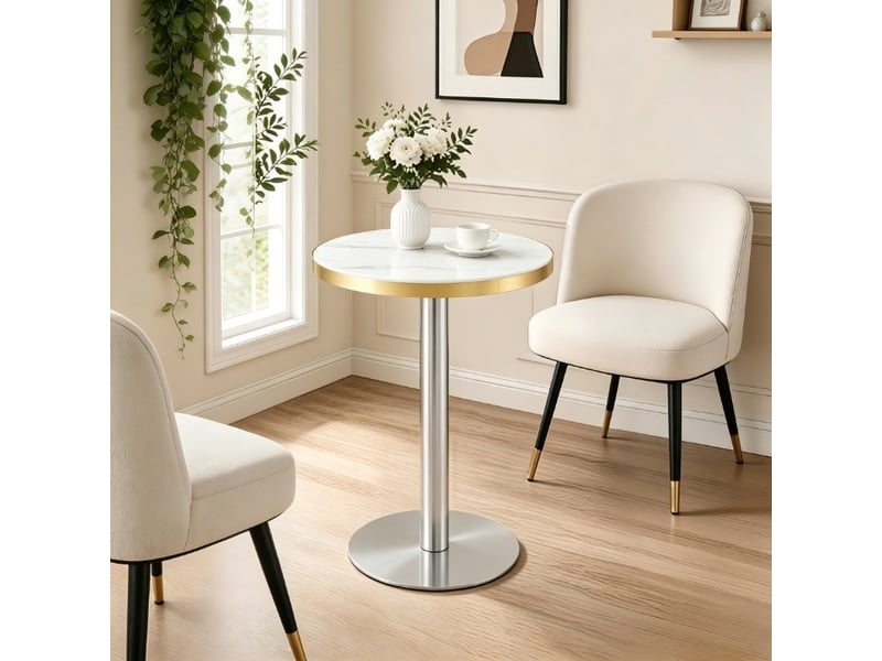  Table d’appoint ronde 60 × 73,7 cm à plateau effet marbre - lpospi - pied central métallique, mdf blanc  - Conforama C