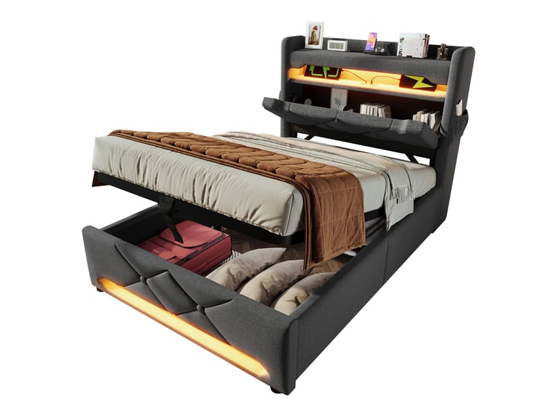Lit coffre 90x200 cm rembourré, rangement hydraulique, led 360°, usb et type-c, tête de lit avec rangement, lin gris - Conforama A