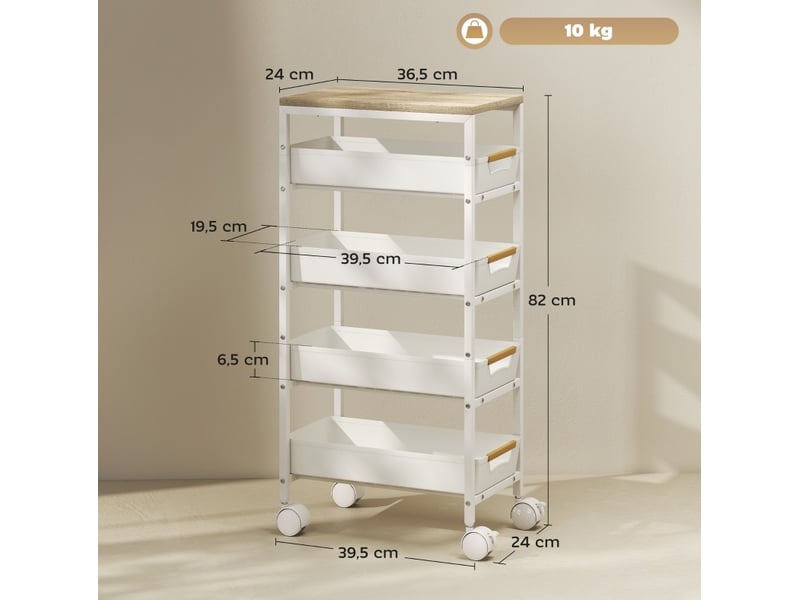  Desserte de cuisine 39,5 x 24 x 82 cm blanche en métal, 4 tiroirs et 4 roulettes verrouillables  - Conforama C
